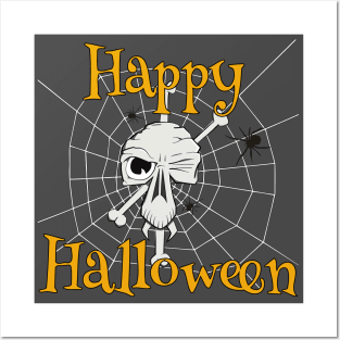 Scary Skull and Cobweb Spiders Happy Halloween Posters and Art